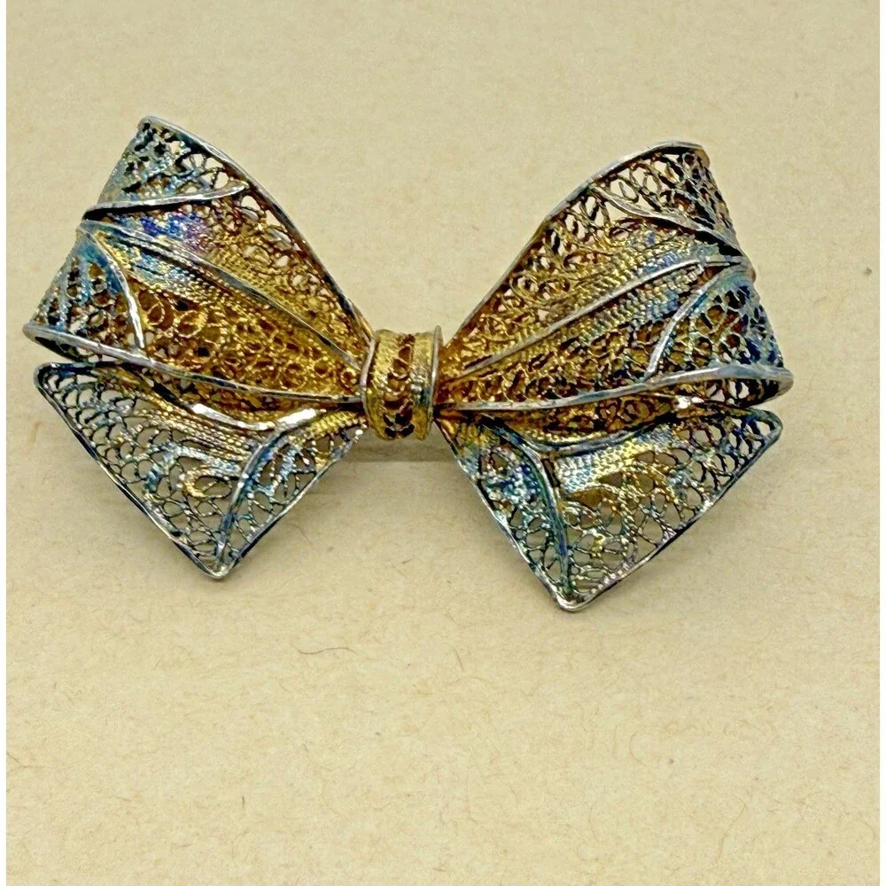 Vintage Sterling Silver Filigree Bow Brooch‎ Gold Wash Gilded Victorian Pin